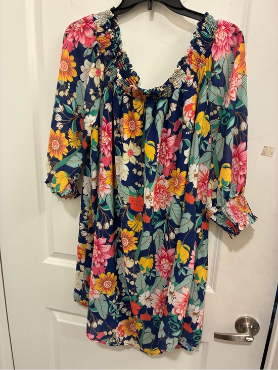Umgee Dresses & Skirts - Umgee Navy Floral Off-Shoulder Mini Dress with Pink & Yellow Flowers